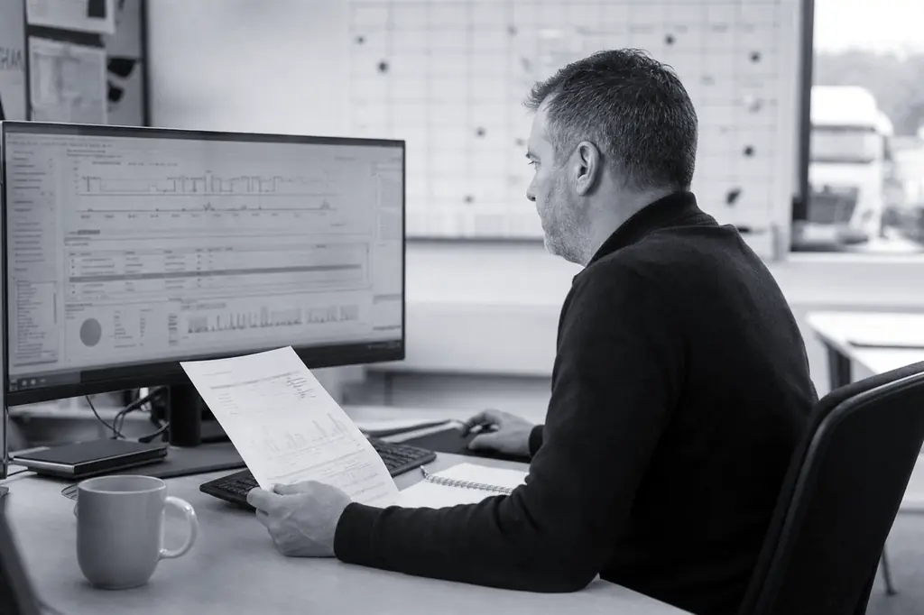 A transport consultant reviewing a client's compliance at a desk