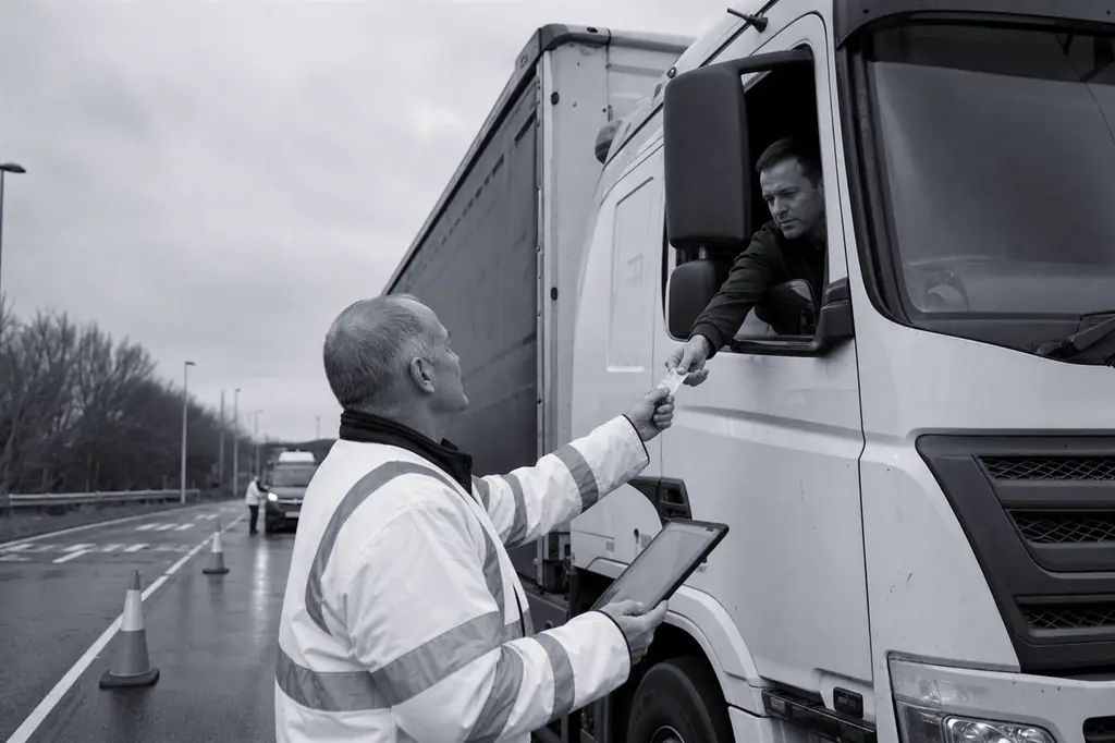 A roadside check: an examiner takes a document from the driver of a lorry