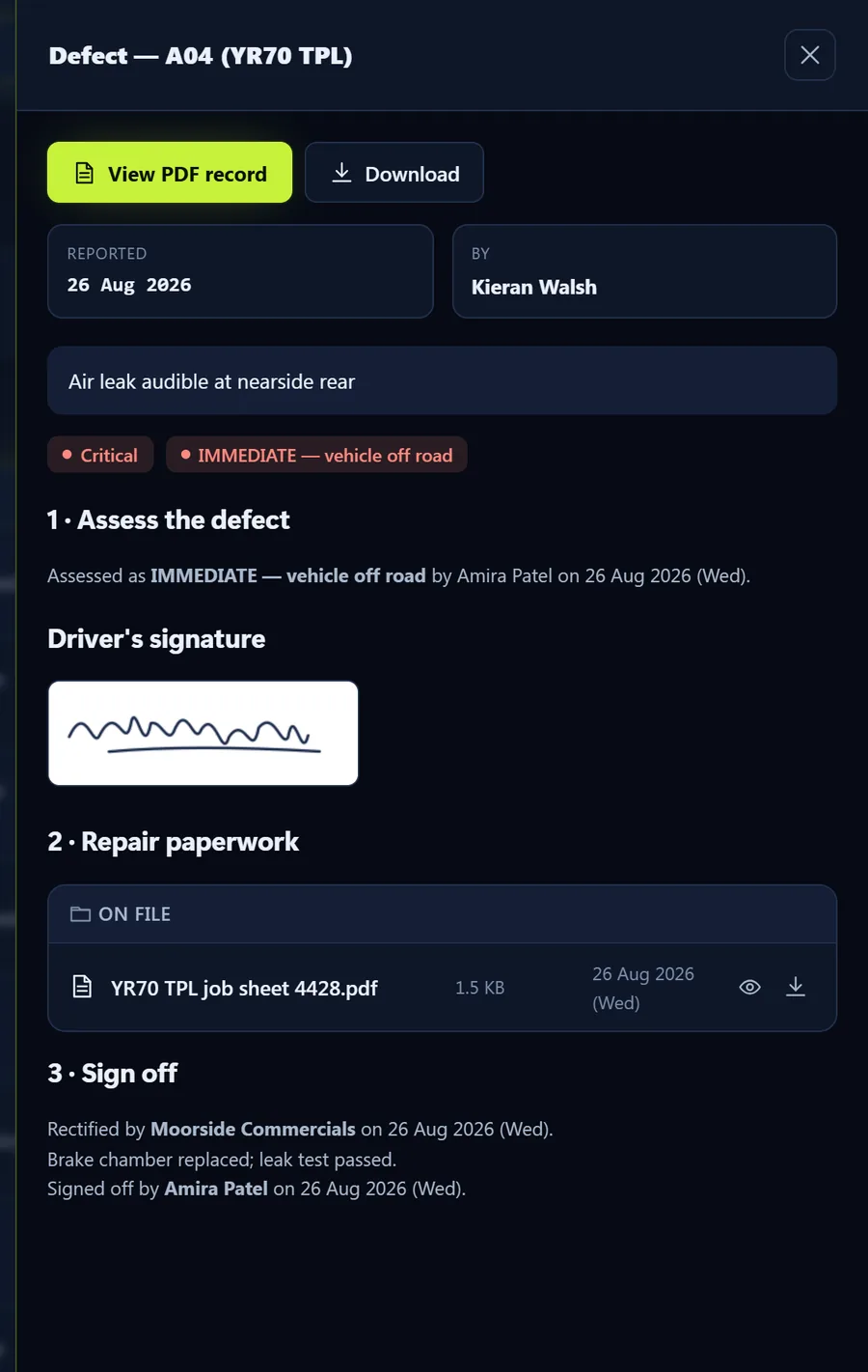 A closed defect with its assessment, signature, job sheet and sign-off
