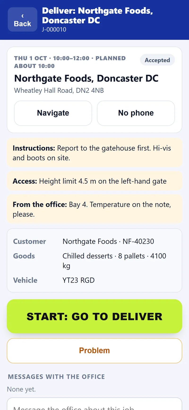A driver's drop on the phone: the address, the booked window, the planned time, Navigate and Start