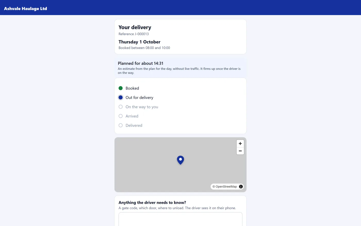 The customer's tracking page: the booked window, the planned time and the stages of the delivery