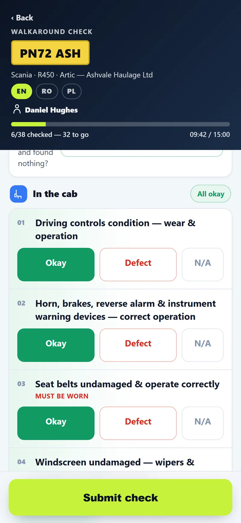 The walkaround check on the driver's phone