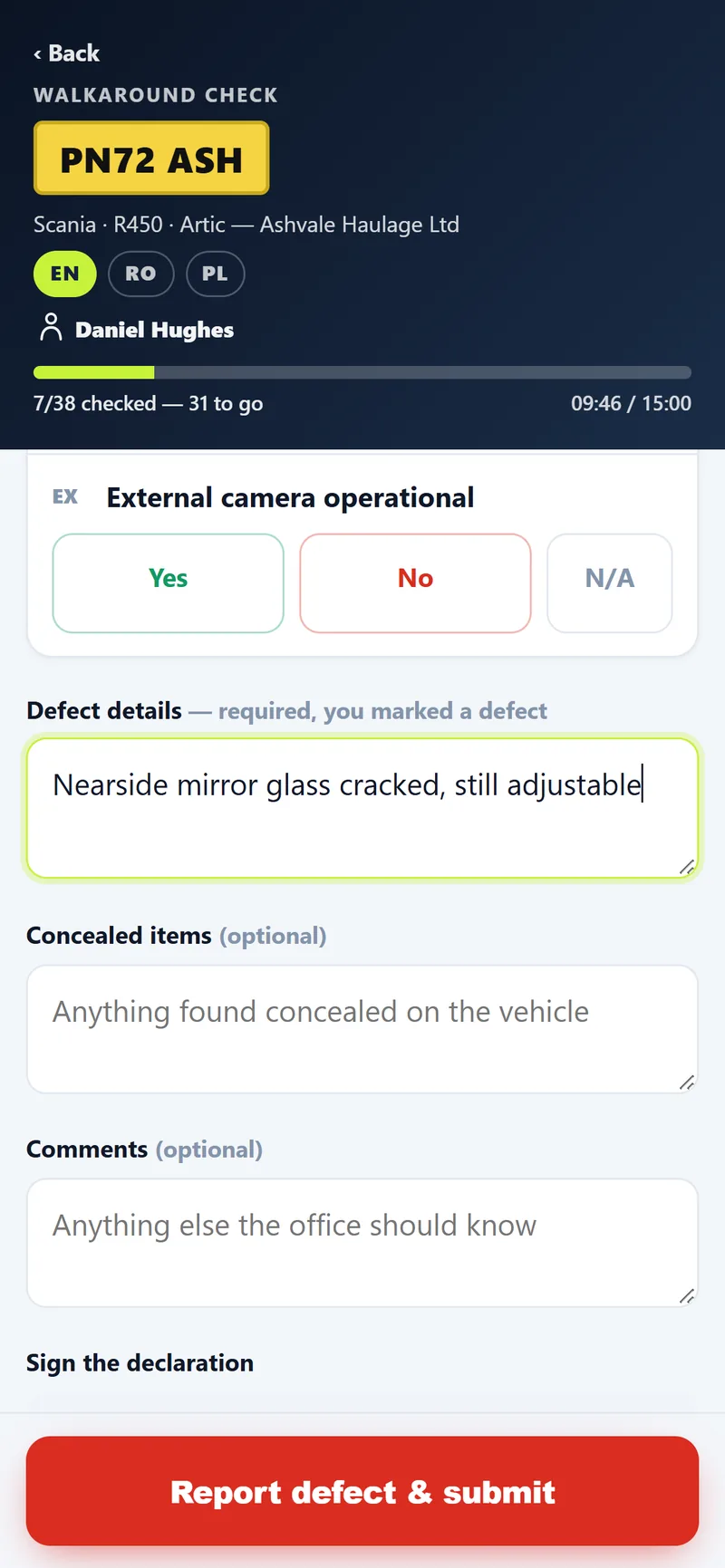 A driver reporting a defect