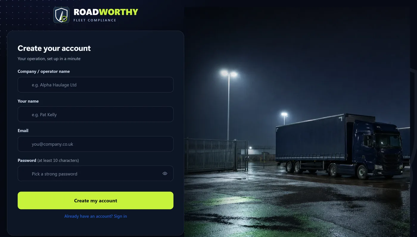 Roadworthy's create-your-account screen