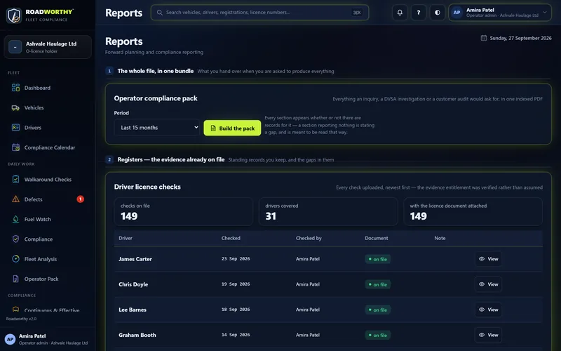 The reports screen, where the compliance pack is built