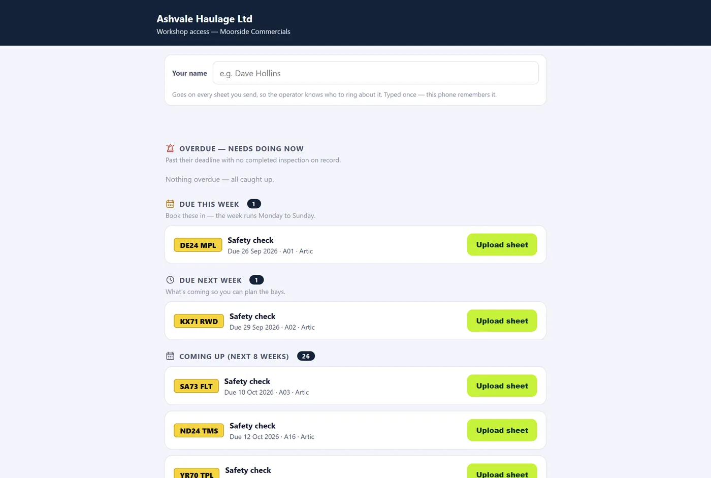 The garage's own link: what is due, and an upload button for each sheet